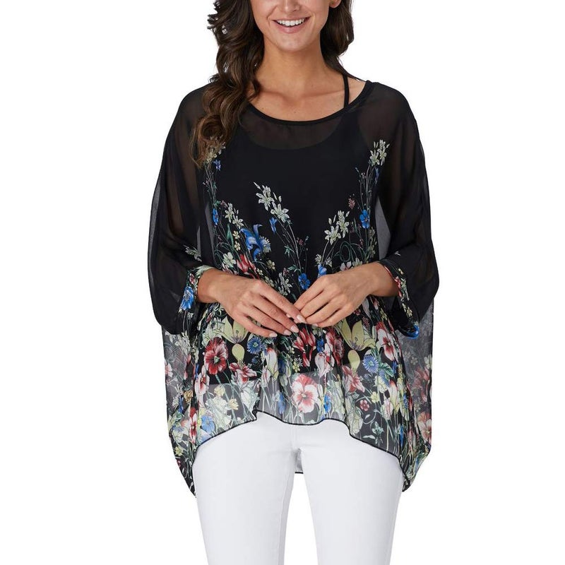 Ckikiou Plus Size Batwing Flowy Semi Sheer Chiffon Blouse Tunic for Women Summer Floral Print Boho Beach Cover ups - Image 4